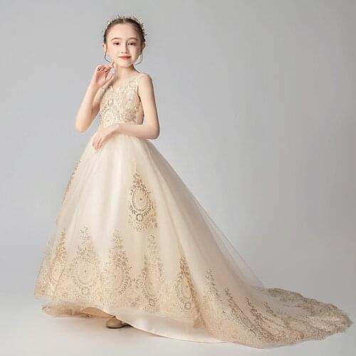 Golden Lace Sequin Girl Wedding Party Flower Girl Dress Long Trailing Kids Princess Pageant Gowns Girl First Communion Gown