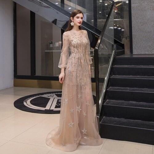 Dubai Luxury Evening Dress for Women 2021 Beading Sequined Long Sleeves Stars Beaded Pattern Fashion Sparkly Formal Party Gowns