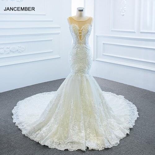 RSM66594 White Sexy Close-fitting 2021 Transparent Lace V-Neck Bridal Wedding Dress Applique Print Pattern Formal Gown