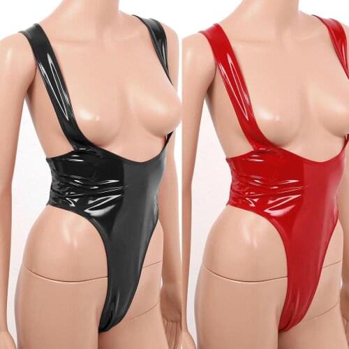 Sexy Women Wet Look Open Breast High Cut Teddy Suspender Open Body Bodysuit Fetish Lingerie