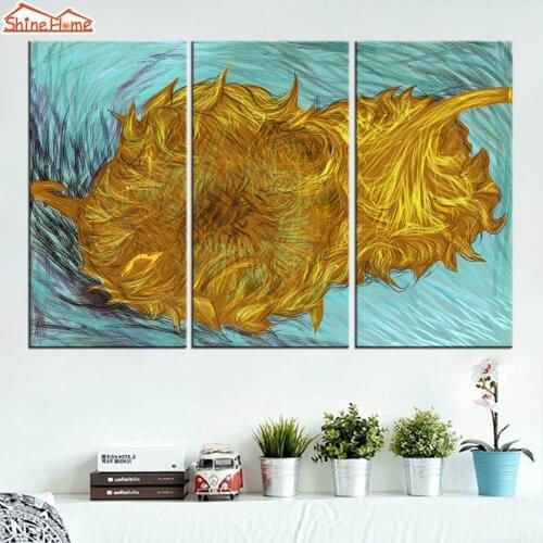 ShineHome-3pcs Canvas Prints Van Gogh Oil Painting Triptych Modular Artwork Sunflower Wall Picture Cuadro Poster for Living Room
