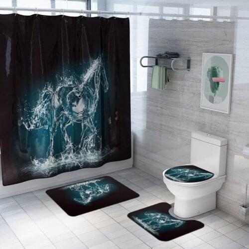 High Quality Abstract Horse Pattern Bathroom Curtains Polyester Fabric Shower Curtain Non-Slip Rugs Toilet Lid Cover Bath Mat