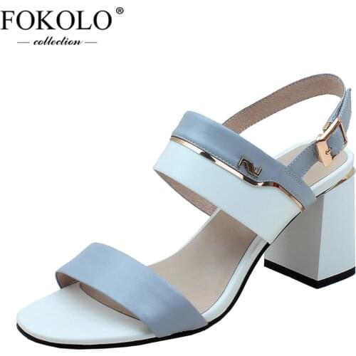 FOKOLO Ladies Sandals 2020 New Round Head Sheepskin Square Heel High Heels Summer Colorblock High Quality Casual Women Shoes L25