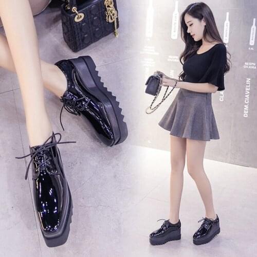 Japanned Leather creepers ladies casual korean lace-up wedges single shoes woman platform loafers winter slip on brogues flats