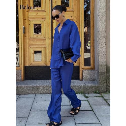 Bclout Blue Satin Long Sleeve Blouses Floor Trouser Autumn 2 Piece Set Women Elegant Solid Shirts Elastic Waist Pant Woman Suits