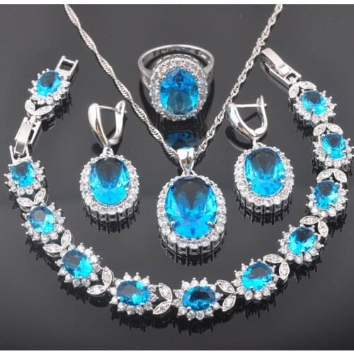Classic Oval Sky Blue Zirconia Silver Color Women Jewelry Sets Bracelet Necklace Pendant Earrings Ring Christmas Gifts QS0459