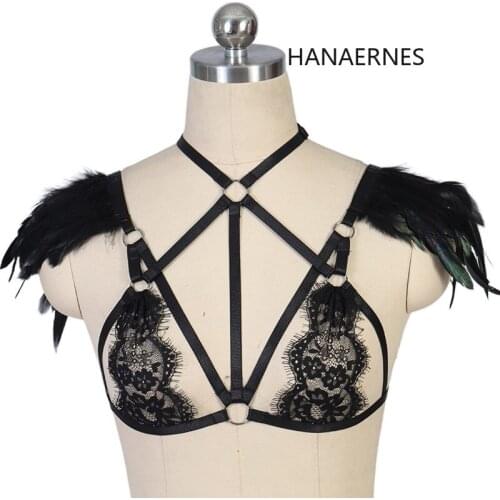 Women Goth Underwear Bondage Lingerie Fetish Tops Crop Bodysuit Harajuku Body Cage Bra Rave Festival Feather Lace Harness Bra