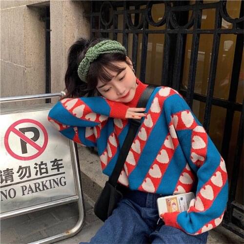 2021 Casual Loose High Collar Love Sweater Womens Sweaters Japanese Kawaii Ulzzang Female Korean Harajuku Clothing For Women