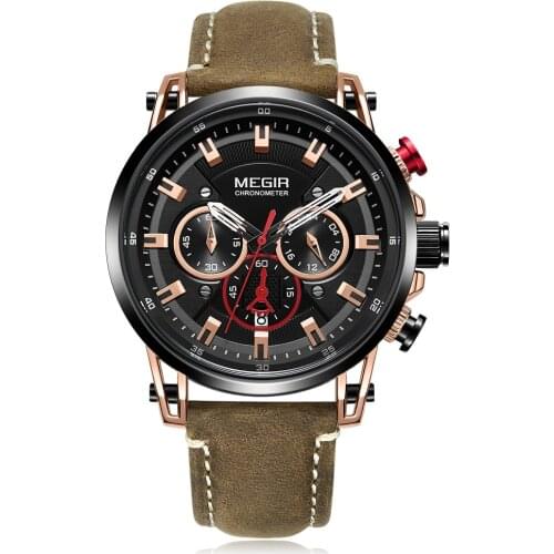 MEGIR Men Sports Watches Top Brand Luxury Leather Quartz Watch Men Clock Waterproof Army Military Wristwatches Relogio Masculino
