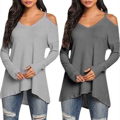 Women Ladies Winter Casual Loose Solid V-Neck Sling Long Sleeve Jumper Pullover Tops Blouse Women Clothing