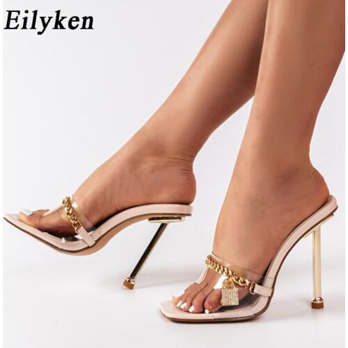 Eilyken Fashion Thin Heels PVC Transparent Metal Decoration Apricot Summer Super High Mules Slides Ladies Shoes