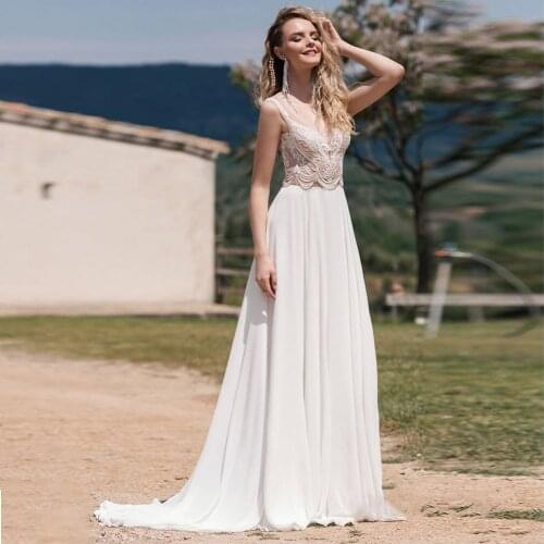 Elegant Chiffon Wedding Dresses 2021 Sweetheart Sleeveless Lace Applique White Ivory A Line Bridal Gowns