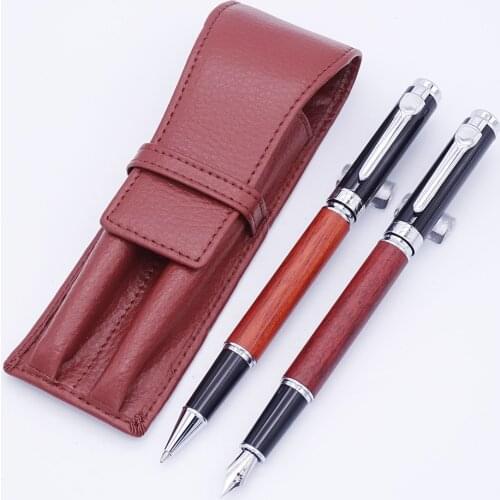Jinhao 8802 Redwood Fountain Pen & Rollerball Pen with Real Leather Pen Case Bag Washed Cowhide Pen Case Holder Writing Gift Set