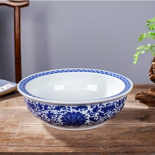 Ceramic flour mixing bowl with cover household large thickened deep blue and white pot plates ceramic