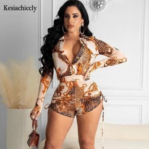 Kesiachiccly 2021 Sexy Print Bodycon Rompers Womens Jumpsuit Fashion Lace-up Summer Clubwear Button Playsuit Short Jumpsuit