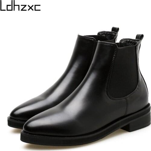 LDHZXC 2020 News Fashion Women Chelsea Boots Ponted Toe Flats Soft Heels Ladies Shoes Black Solid Slip-On Female Ankle Boots