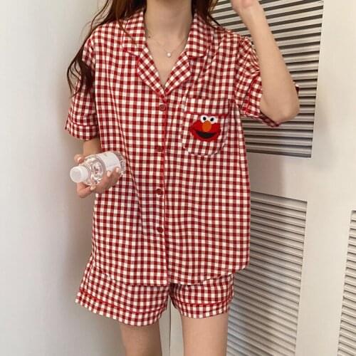 Summer Cute Cartoon Plaid Homewear Mujer Lapel Sleepwear Sleeping Tops+shorts Pijama Elegant Girl Lovely Clothes
