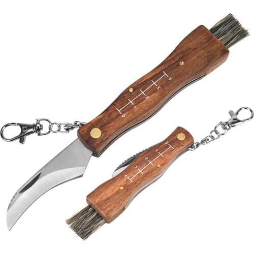 Mini Camping Mushroom Knife Stainless Steel Wooden Handle Sharp Outdoor Hunting Survival Multifunctional Folding Knife Brush