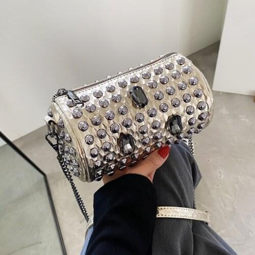 Fashion Gem Messenger Bag Rivet Crossbody Bag For Women 2021 Girls Chain Locomotive PU Womens Shoulder Bag Champagne Black Bag