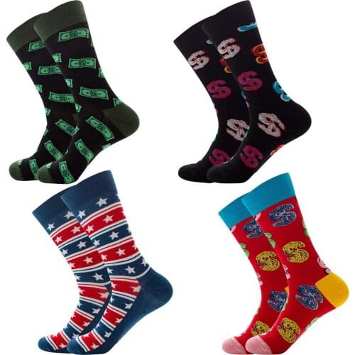 Men Socks Combed Cotton Pattern Star Stripes Geometric Novelty Funny Socks