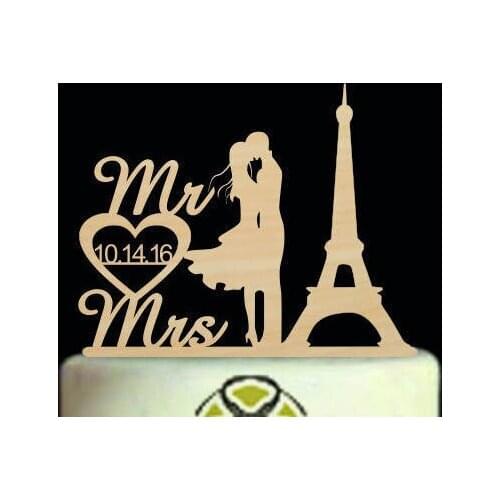 Personalized Paris Tower Wooden Rustic Mr Mrs Wedding Cake Toppers Couple Bride and Groom Kiss Love Arrow party decorations