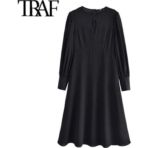 TRAF Women Elegant Fashion Hollow Out Fitted Midi Dress Vintage Long Sleeve Back Zipper Female Dresses Vestidos Mujer