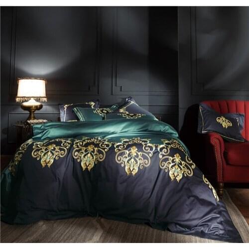 100S Egyptian cotton Luxury Oriental Embroidery Bedding Set Queen King 4pcs Bed sheet set Duvet cover Pillowcases blue golen