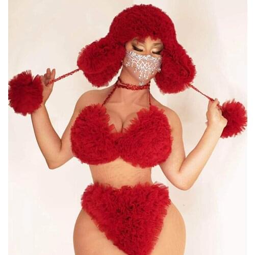 Sexy Outfits For Women DJ DS Red White Transparent Sleeve Bra Short Cap Christmas Festival Rave Clothes Party Stage Costumes