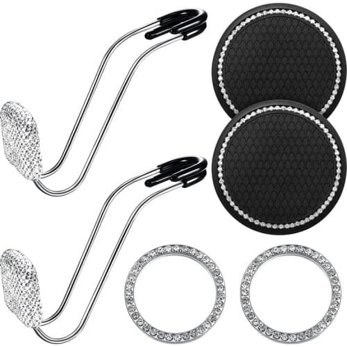 Rhinestone Car Hook 2Pcs Bling Cup Coasters 2Pcs Bling Engine Button Rings Bling Car Accessories for Women Men