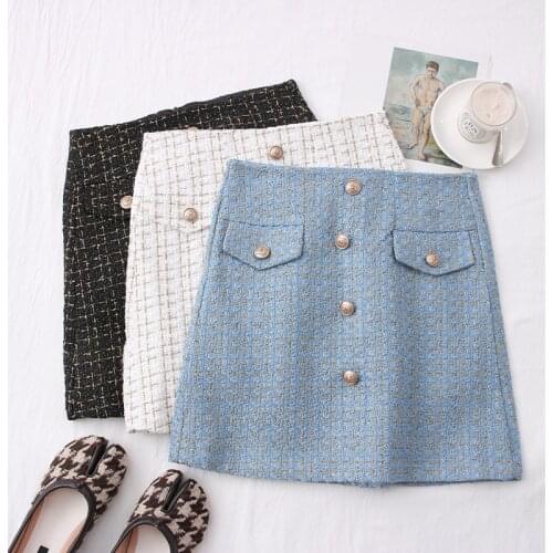 Double Breasted Tweed Wool Mini Skirt Tweed Skirts for Women Solid High Waist Slimming Skirts Autumn Spring 2021 Buttons