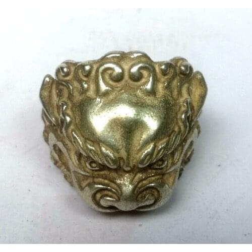YIZHU CULTUER ART Old Collection China Tibet Silver Carving Force Lion Statue Ring Wonderful Decoration Gift