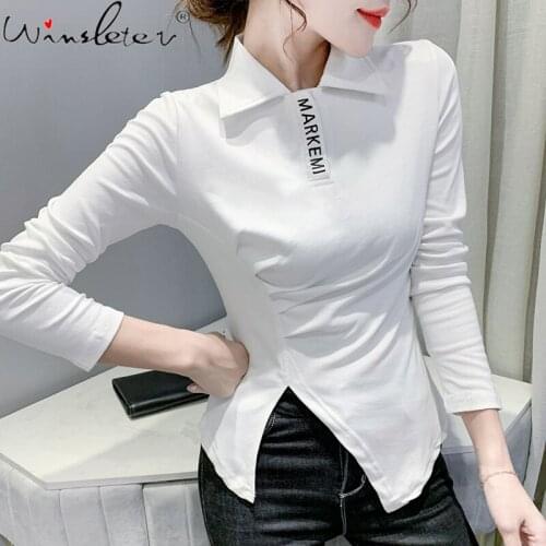 Fall Winter European Clothes Cotton T-Shirt Fashion Sexy Turndown Irregularity Split Women Tops Long Sleeve Tees 2021 T18426A