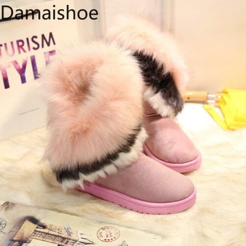 New Snow Boots Women Mid-Calf Length Snow Boots Cotton-Padded Boots Women Shoes Warm Snow Boots Fox Fur Comfortable Boots Women