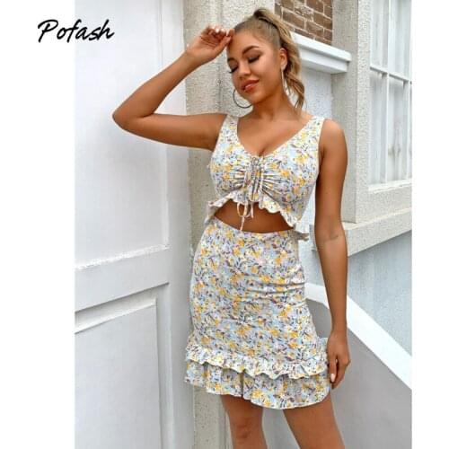 Pofash Print Cascading Ruffle Mini Dress For Women Tie Ruched Sleeveless Bodycon Dresses V Neck Hollow Out Summer Vestidos 2021