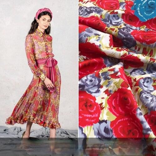 145cm*100cm european sewing fabric new rose blossoming satin chiffon female garment printed fabric designer fabric by the yard