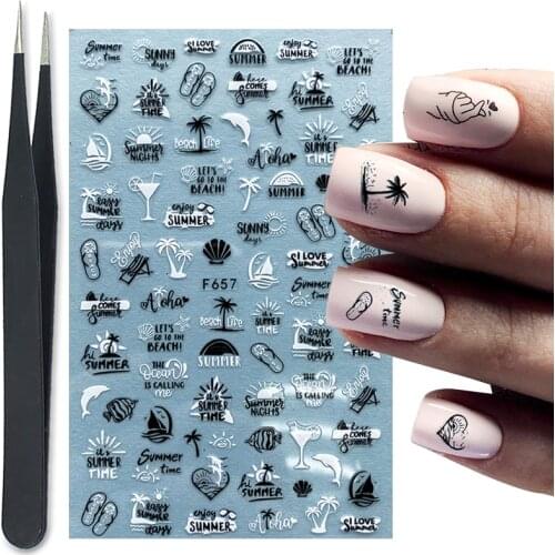 White Black 3D Nail Sticker with Tweezer Set Laser Gold Beautiful Leaves Nail Transfer Decals Summer Beach Tree Dolphins Slider