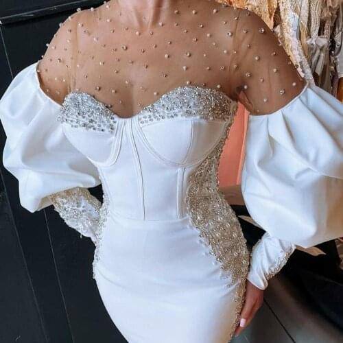 White prom dresses 2021 sheer crew neckline long sleeve mermaid beading lace evening dresses
