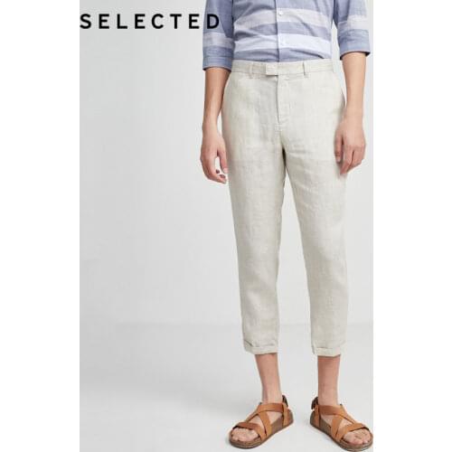 SELECTED Linen Plain Casual Trousers Mens Tapered Cropped Casual Pants|420214518
