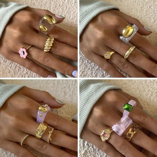 Cosysail 4Pcs/Set Ins Thick Transparent Resin Acrylic Ring Set for Female Metal Geometric Irregular Ring Vintage Jewelry 2021