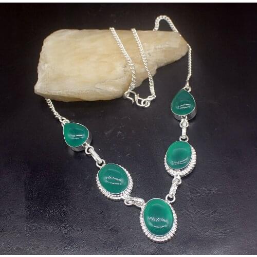 Hermosa Jewelry Natural GreenAgate Fashion Silver Color Women Ladies Gifts Pendant Necklace Chain 46cm 20213443