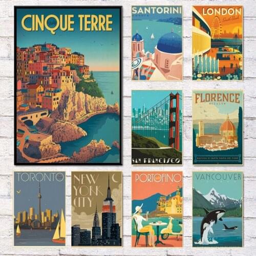 Famous City Travel London New York Italy Poster Cartoon Landscape Style Canvas Painting Wall Art Pictures Living Room Home Decor