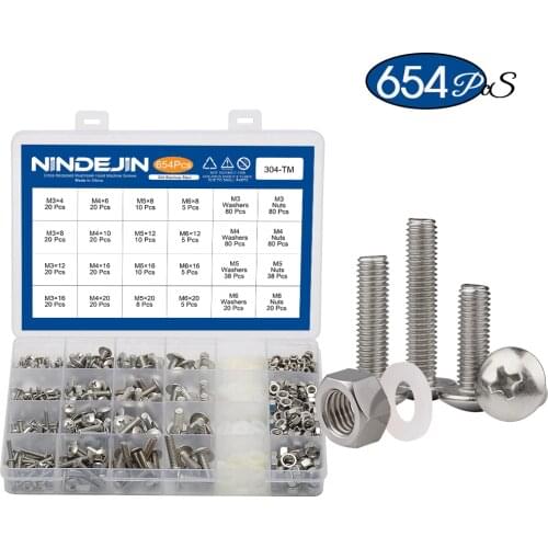 654pcs Cross recessed truss mushroom head machine screw with nut and nylon washer stainless steel m3 m4 m5 m6 machine screw kit