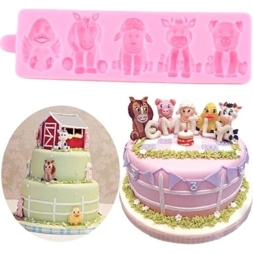 Animals Family Silicone Molds Chick Lion Cow Bear Chocolate Candy Clay Mold Baby Party Cake Border Fondant Cake Decorating Tools