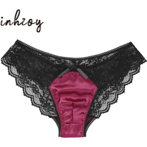 Men Satin Underwear Sexy Sissy Panties Gay Men Shiny Soft Lace Lingerie Low Rise Stretchy Bikini Briefs Underwear