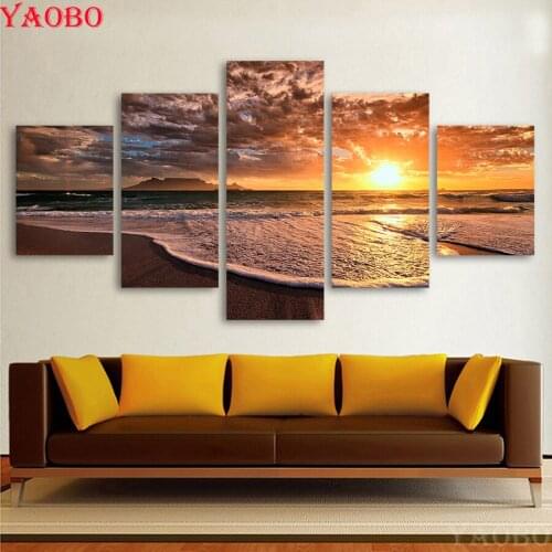 DIY Diamond Painting Sunset Ocean Beach Full Square/round Diamond Embroidery Cross Stitch kit,Mosaic Picture,5 pcs home decor
