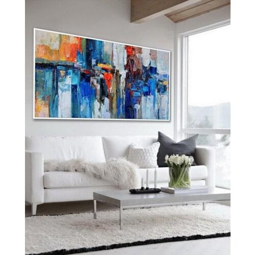 Palette Knife Oil Painting Hand Painted Colorful Textured Artwork Modern Oversize Abstract Extra Large Wall Art Navy Blue Canvas