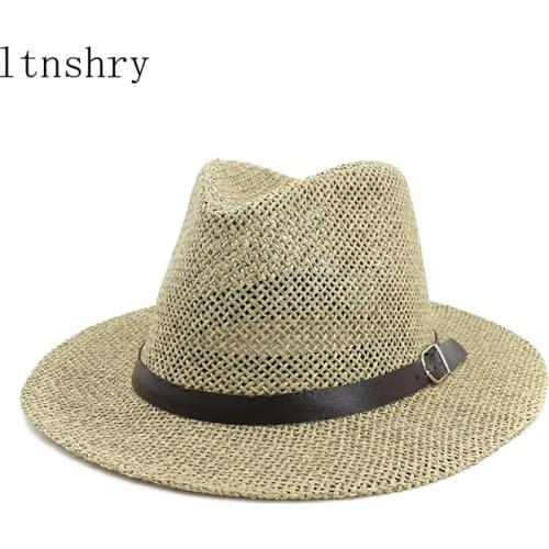 2021 new jazz Panama Hat with Belt Summer Sun Hats for Women Man Sombrero Beach Straw Fedora Hat UV Protection Cap Chapeau