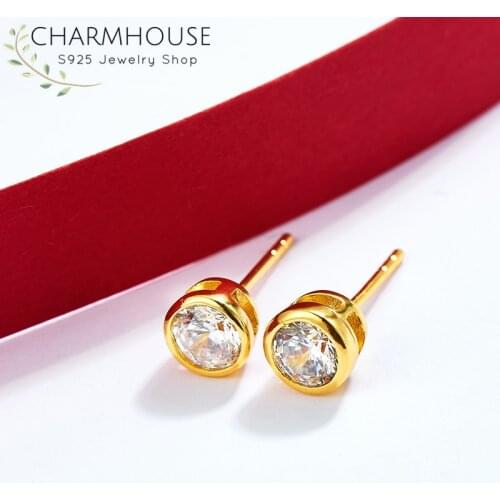 Charmhouse Pure Yellow Gold GP Earring For Women 8mm Round Zirconia Stud Earrings Brincos Femme Oorbellen Wedding Jewelry Gifts