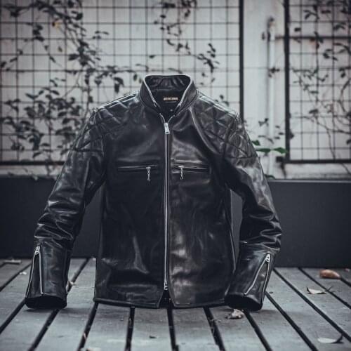 YR!Free shipping.Brand New Luxury tea core horse hide jacket.Black classic rider J100 style leather coat.slim short cool