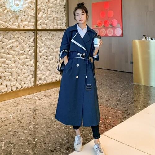 Womens Blue Windbreaker Spring Autumn 2021 New Long Casual Color Matching Design Double-breasted High-quality Lining Coat GW2